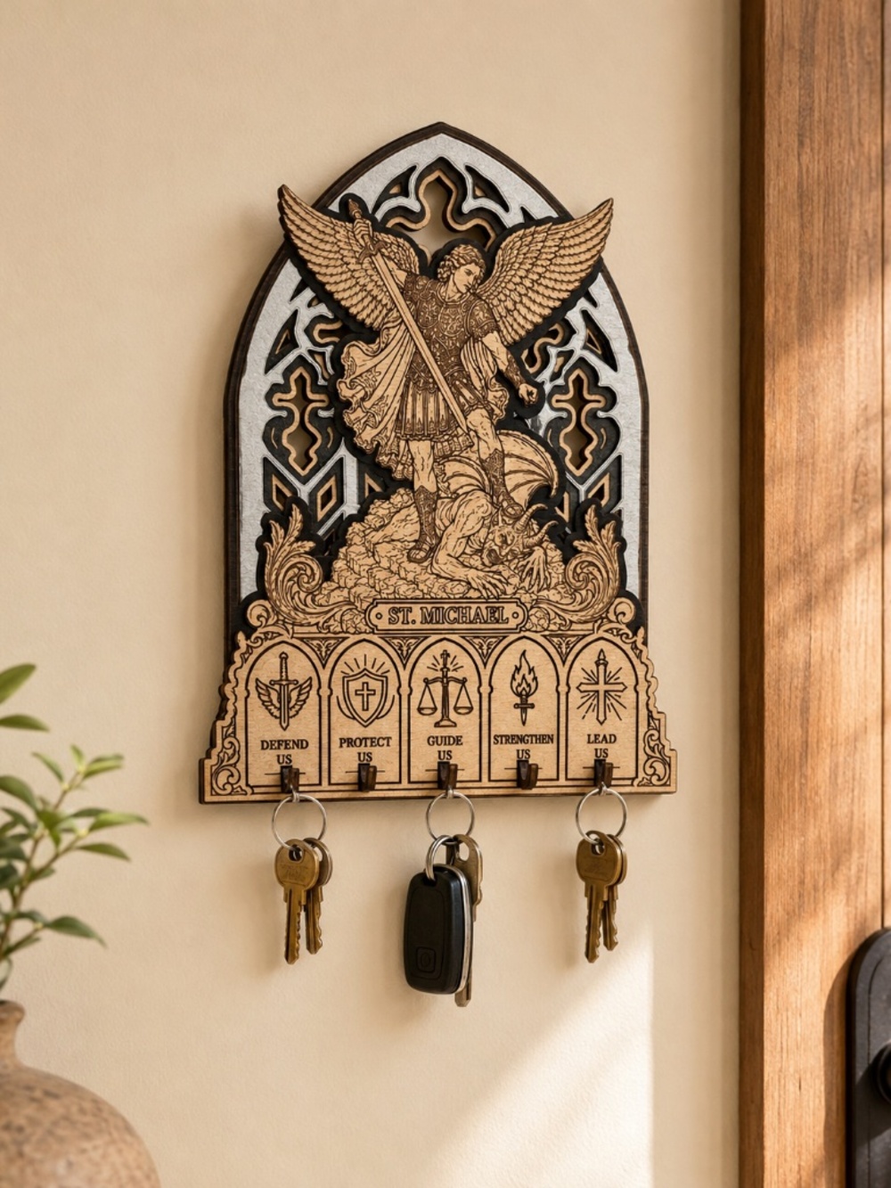 St. Michael Wooden Key Holder with 5 Hooks, Catholic Entryway Wall Decor